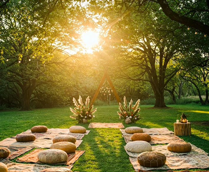 Concept: boho ceremony on rugs and poufs in a sunlit grove