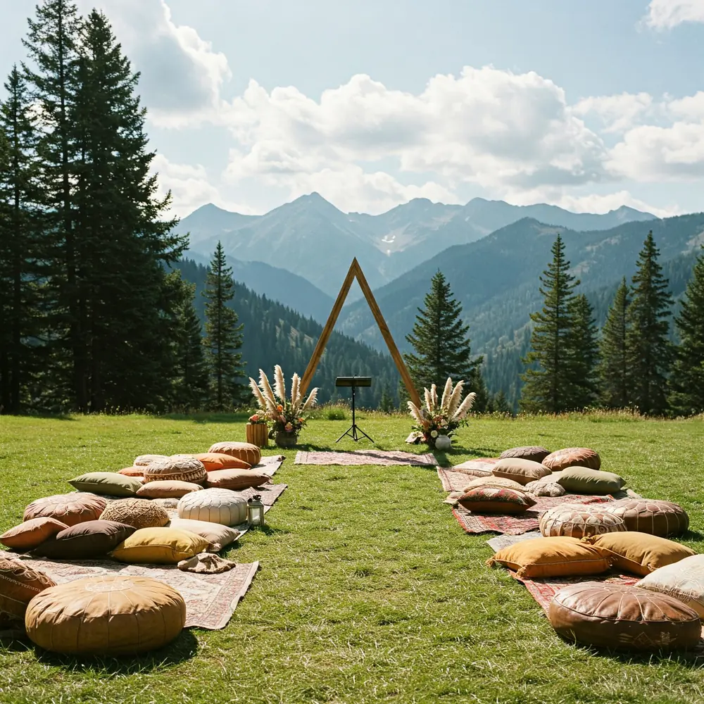 Concept: A-frame arch and cushion seating on a mountain meadow
