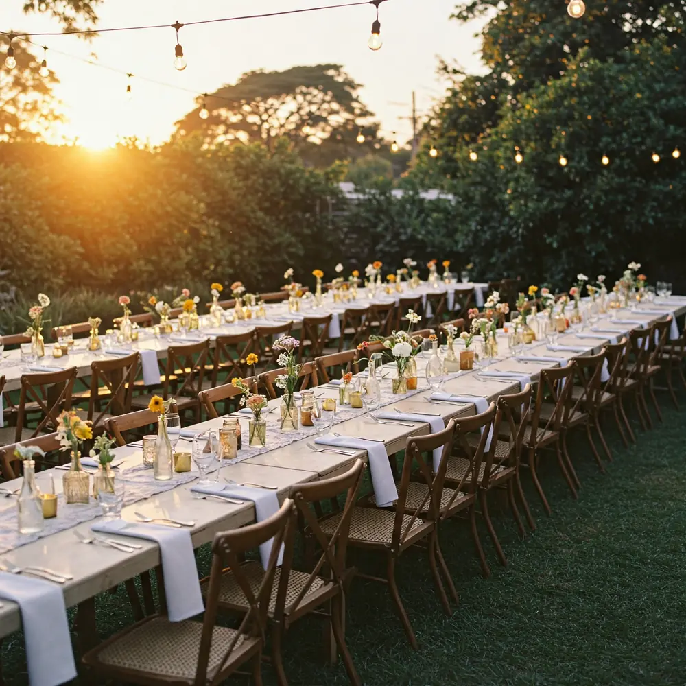 Concept: long outdoor reception tables with crossback chairs