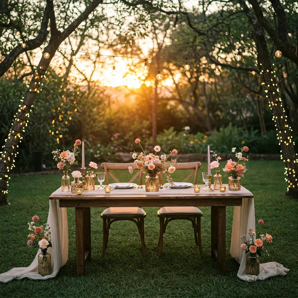 Concept: sweetheart table with roses beneath string lights at sunset